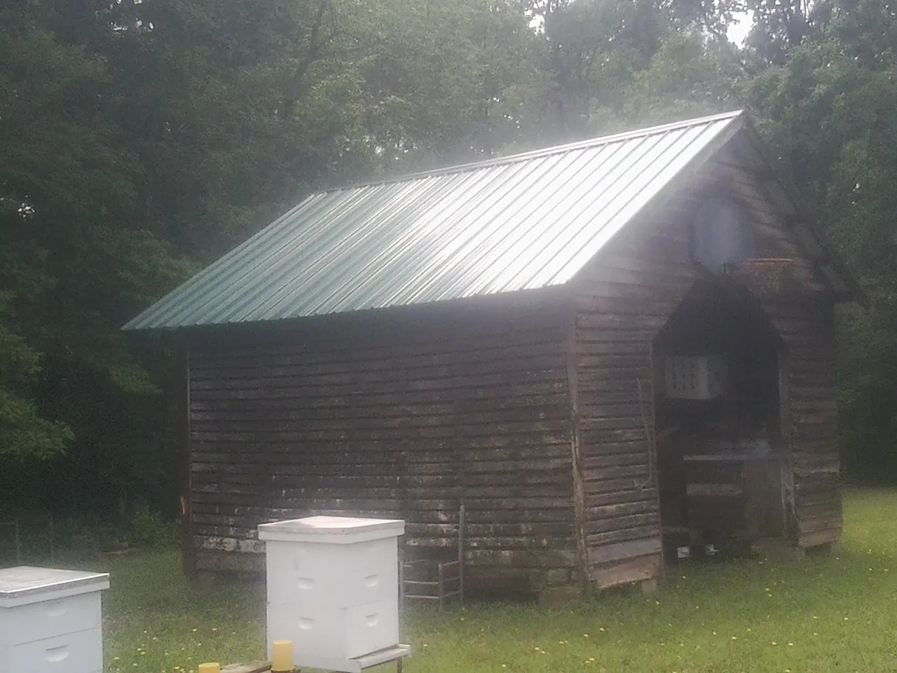 Green metal roof on a weathered barn beside stacked beehives in Braddock